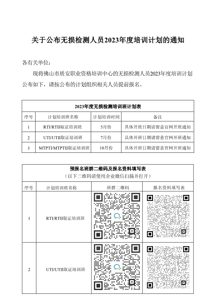 转发 | 佛山市质安职业资格培训中心关于公布无损检测人员2023年度培训计划的通知